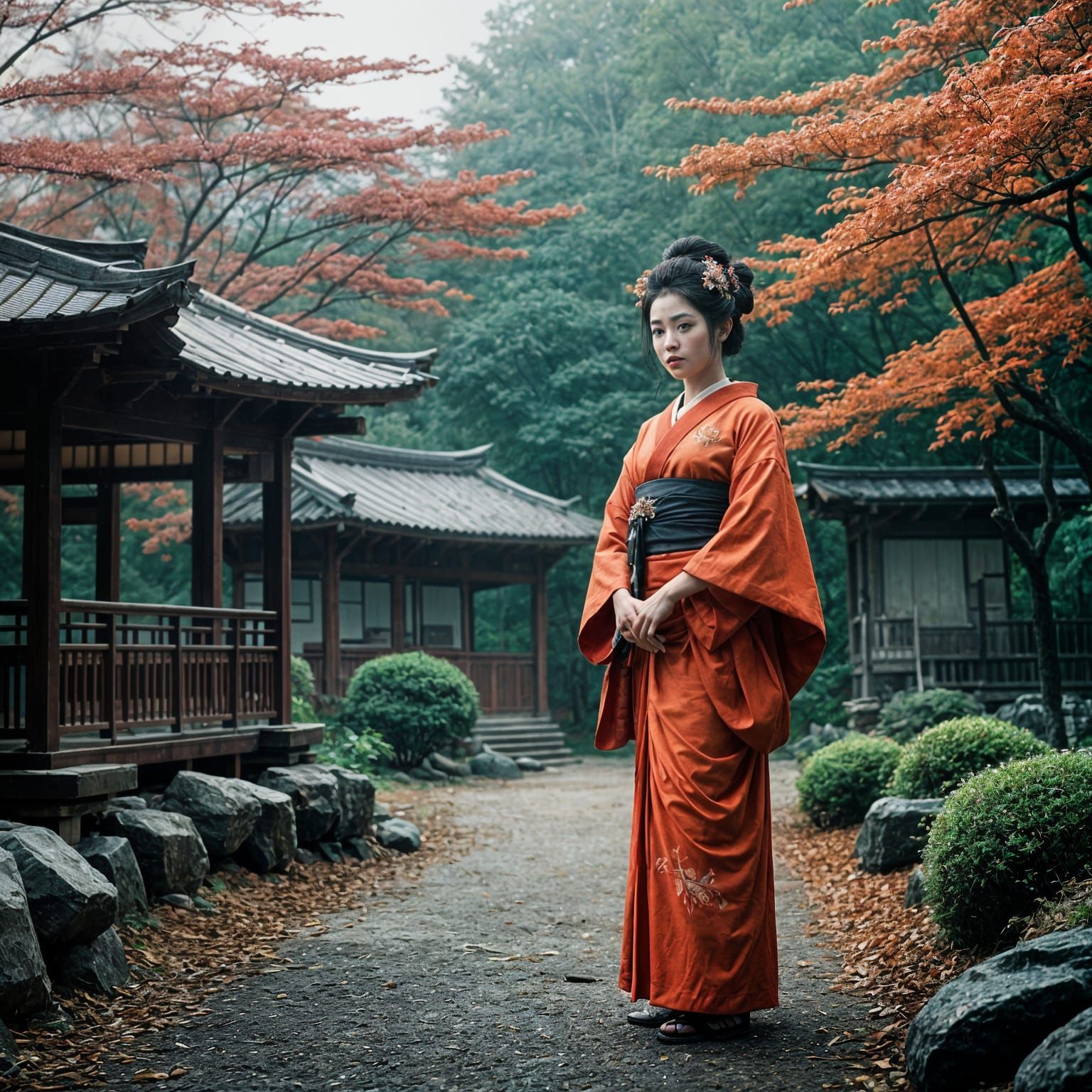 Ethereal Geisha in Misty Japanese Garden