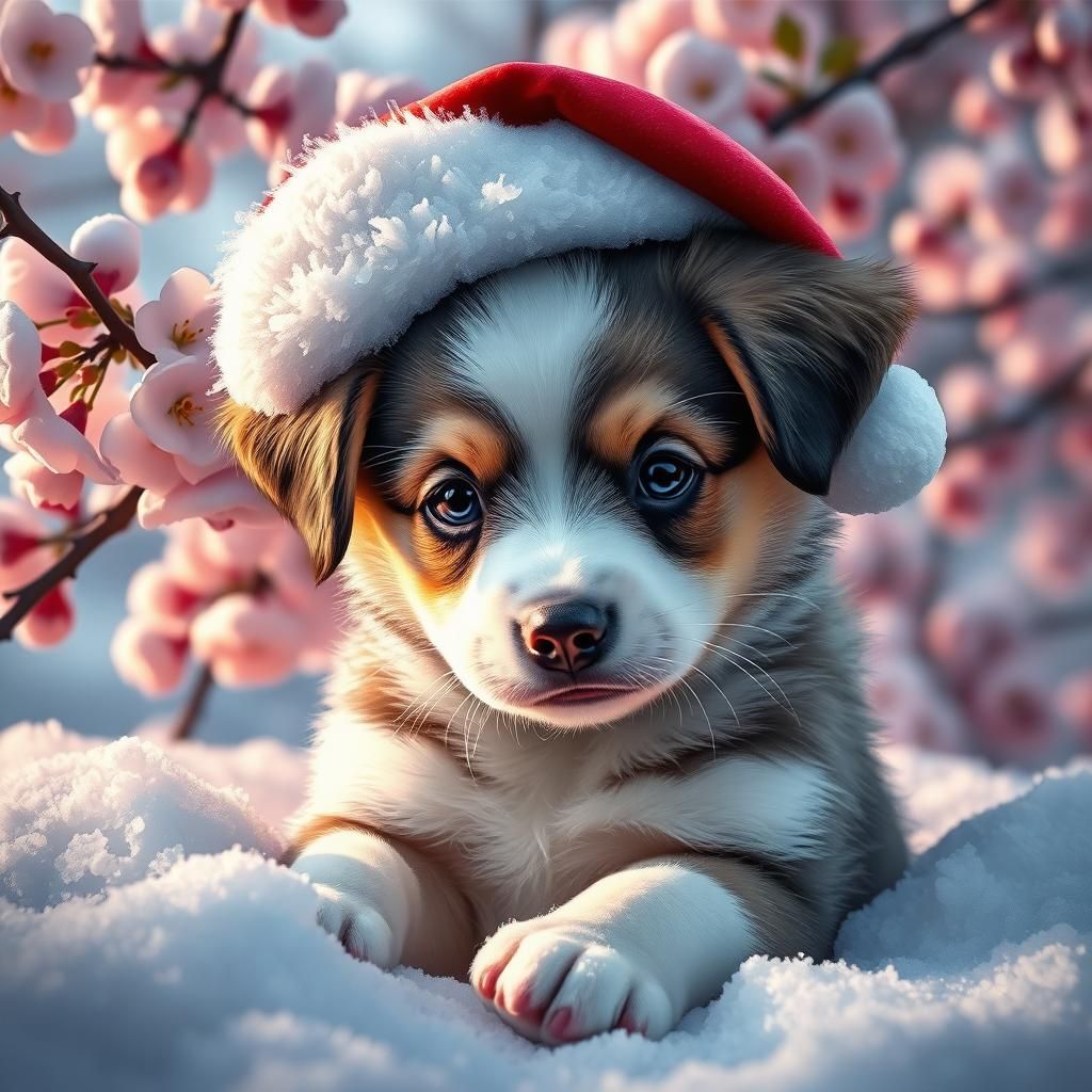 Adorable Puppy in Snow with Cherry Blossom