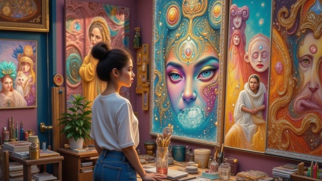 Frustrated Woman in Art Studio as Vibrant Illustration