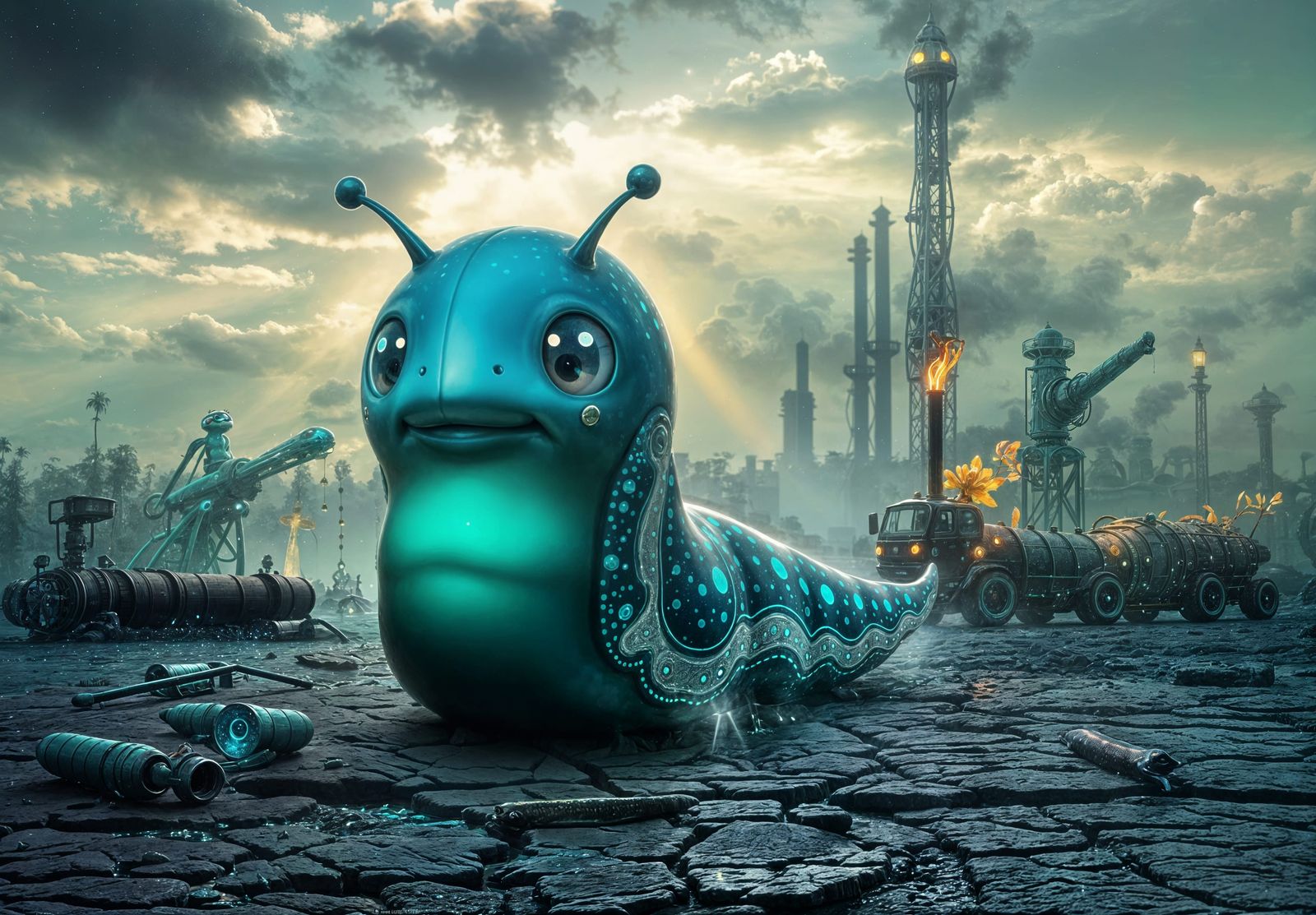 Bioluminescent Slug in Post-Nuclear Landscape