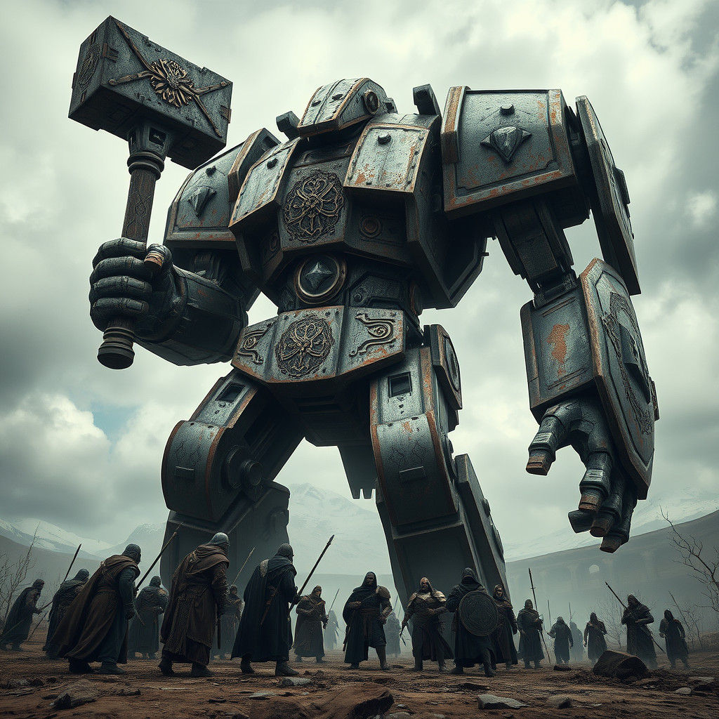 Colossal Mechanical Golem Confronts Medieval Warriors