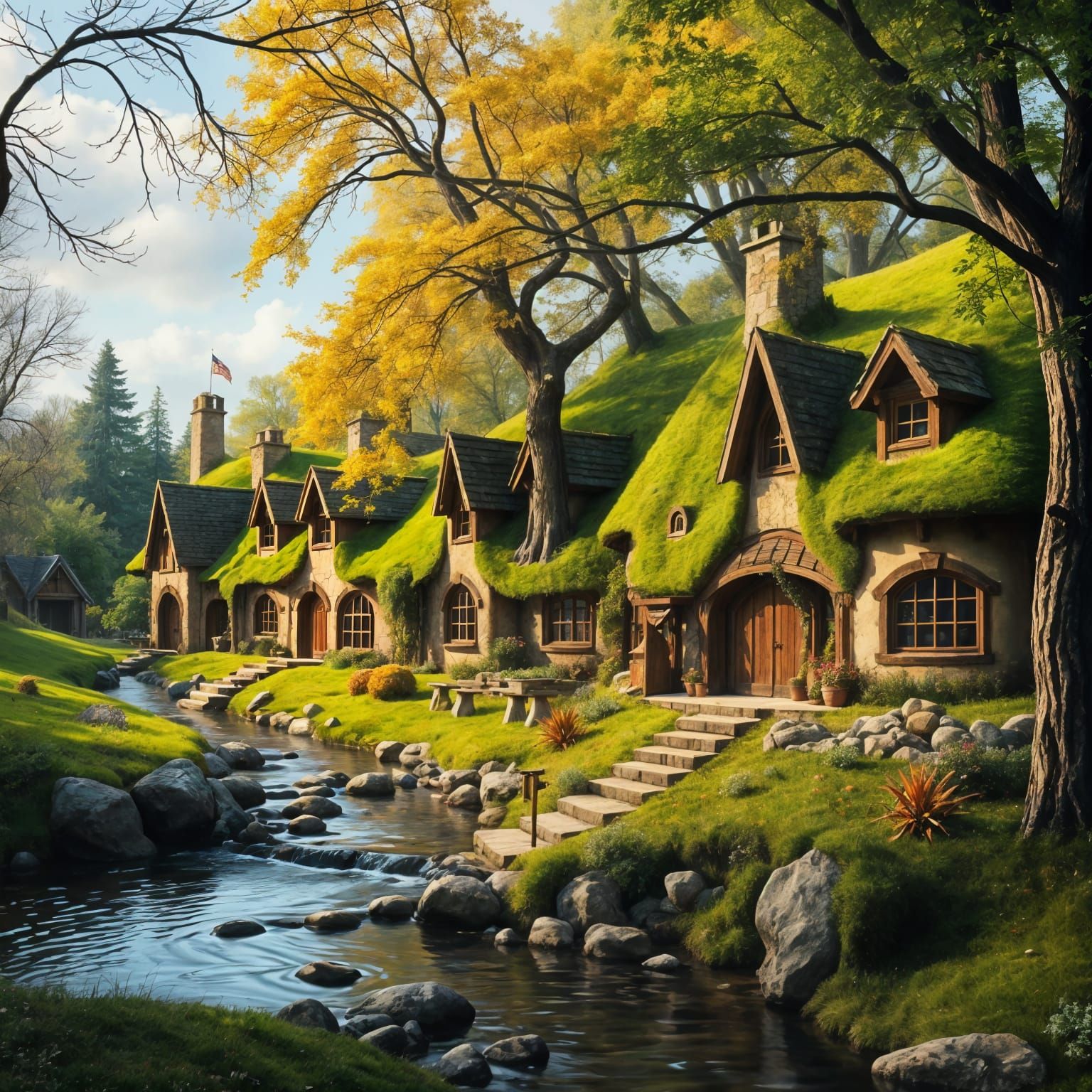 Whimsical Hobbit Village by a Serene Stream