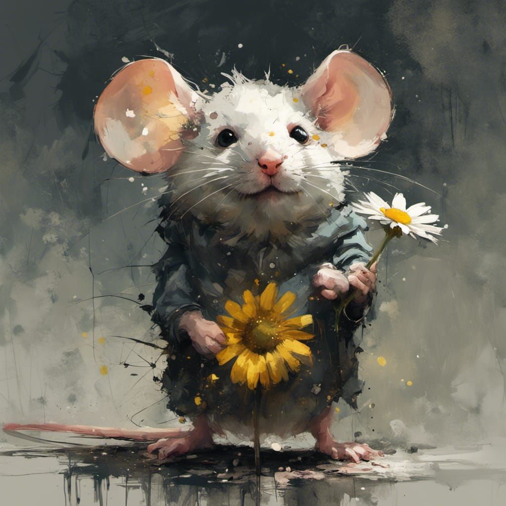 Chubby Mouse Holding Daisy in Textured Speedpaint Style