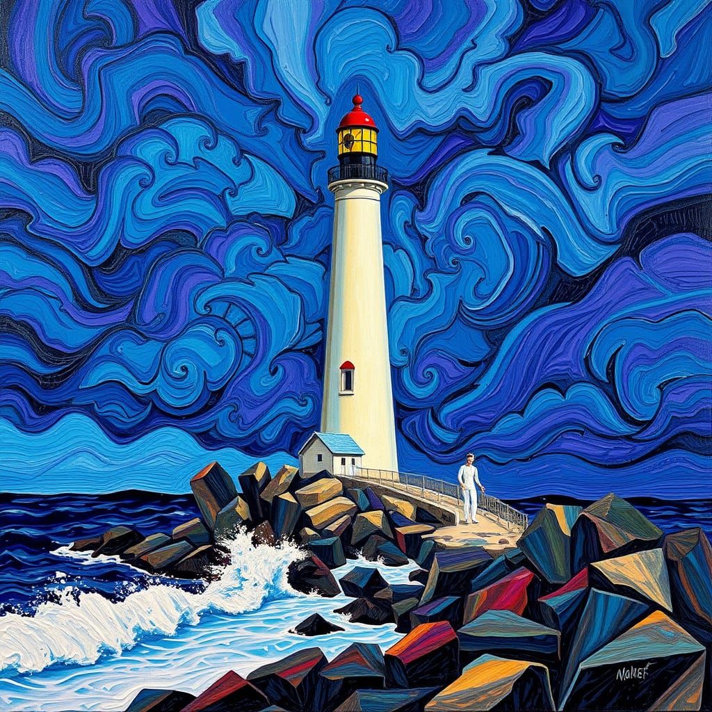 Vibrant Lighthouse Coastline in Expressionist Style
