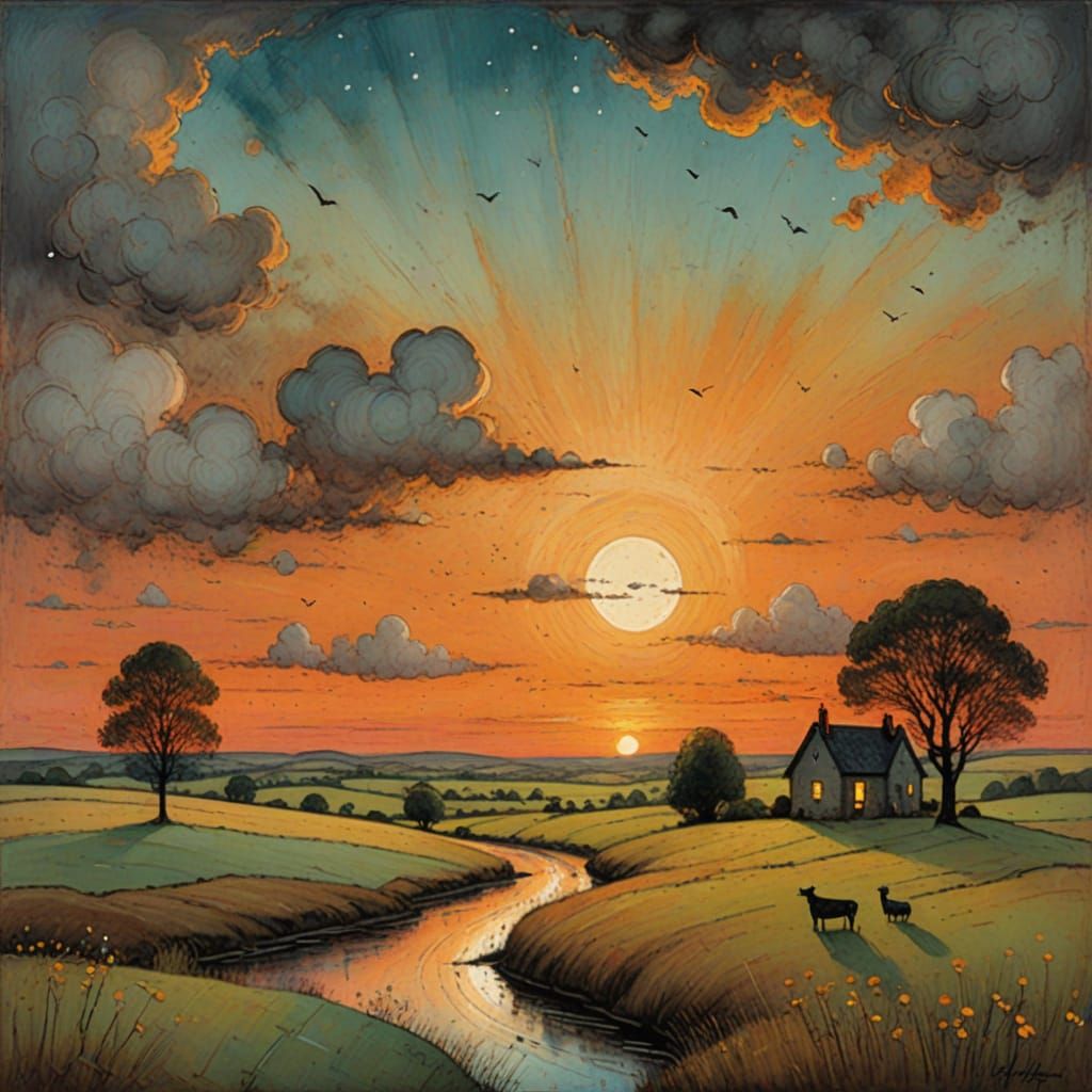 Whimsical Sunset Landscape with Luminous Clouds