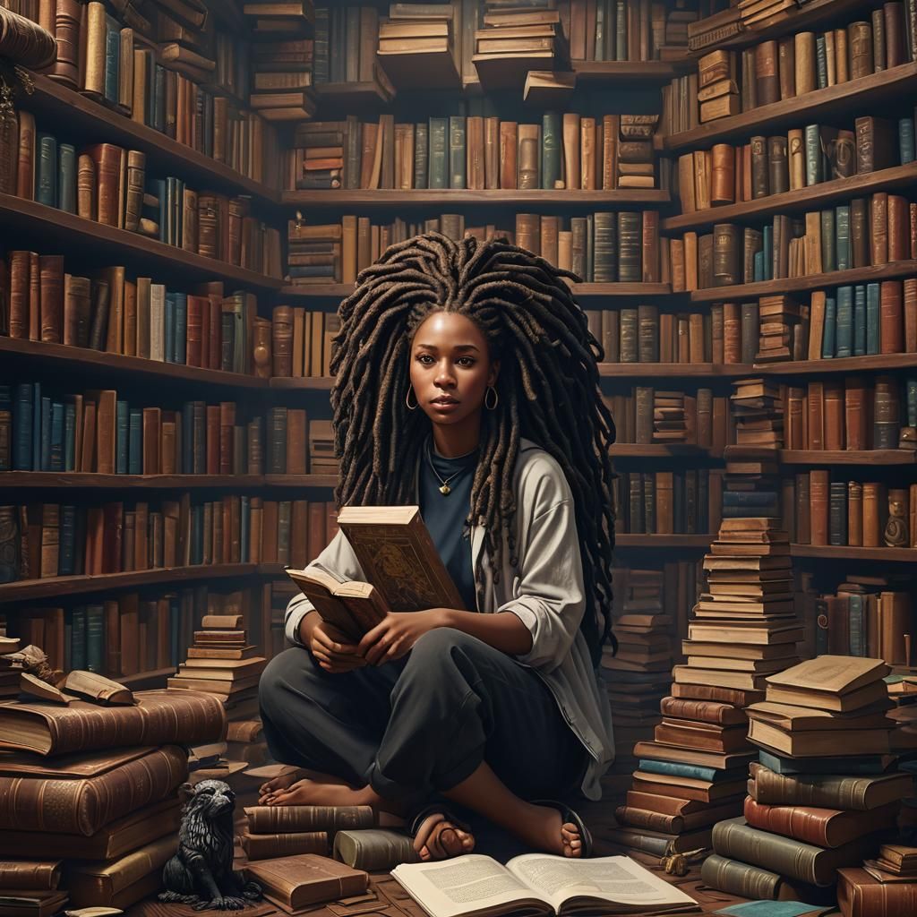 Contemplative Woman with Locs Surrounded by Books
