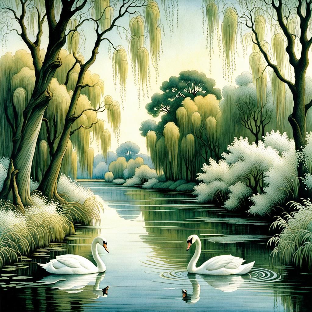 Swans Gliding on River in Intricate Illustration Style