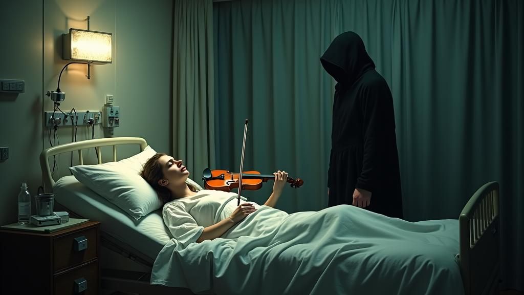 Violinist in Hospital Bed: A Surrealist Scene