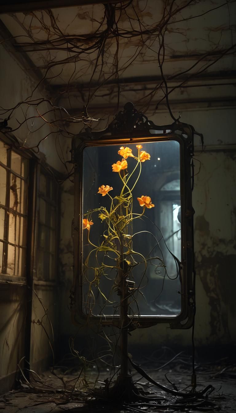Glowing Flower Blooms in Desolate Asylum: Dark Surrealism