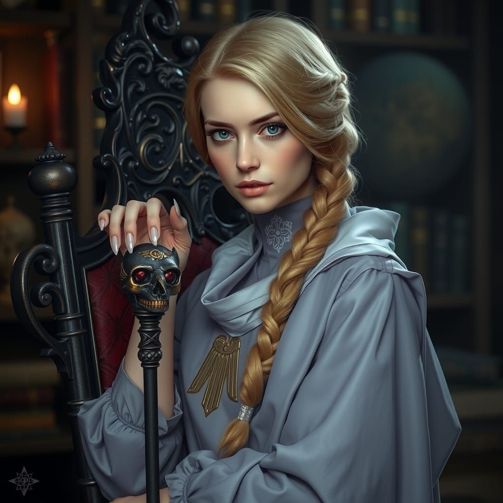 Ethereal Sorceress in Lavender Robes Confronts Ancient Chair