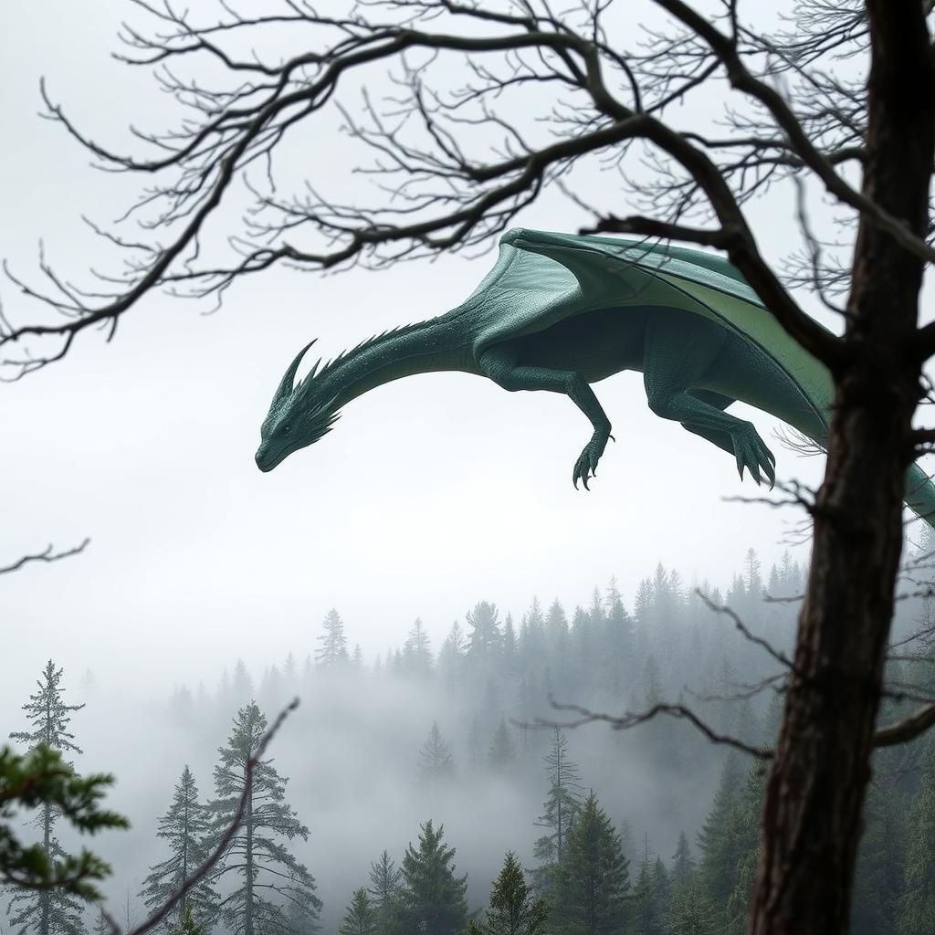 Green Dragon Drifting Above Ancient Forest