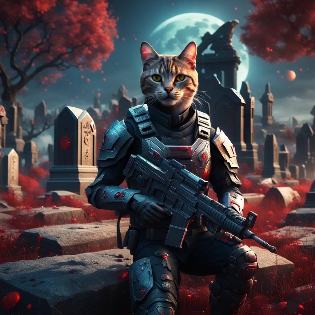 Futuristic Cat Soldier in Graveyard Concept Art