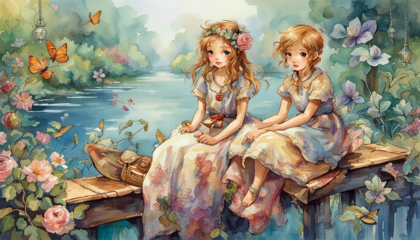 Children Fishing: Watercolor Shabby Chic Illustration