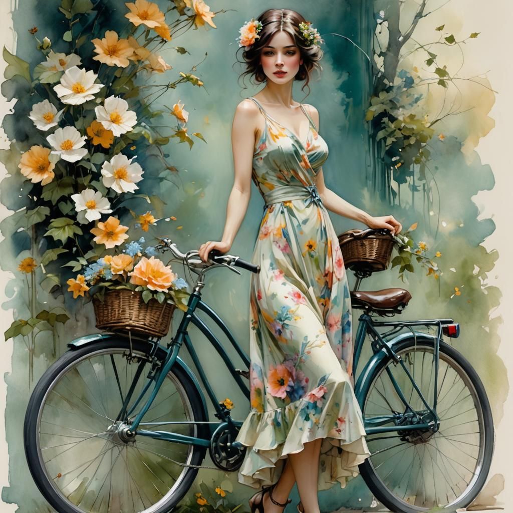 Beautiful woman standing next to her bike