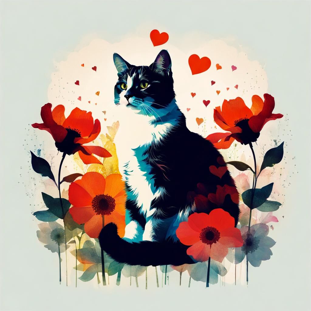 Double Exposure Cat Portrait with Floral Elements