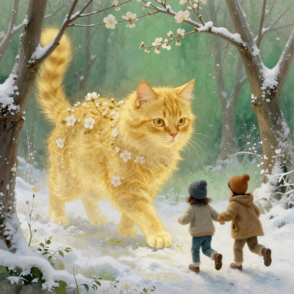 Spectral Cat Greets Children in Magical Spring Dreamscape