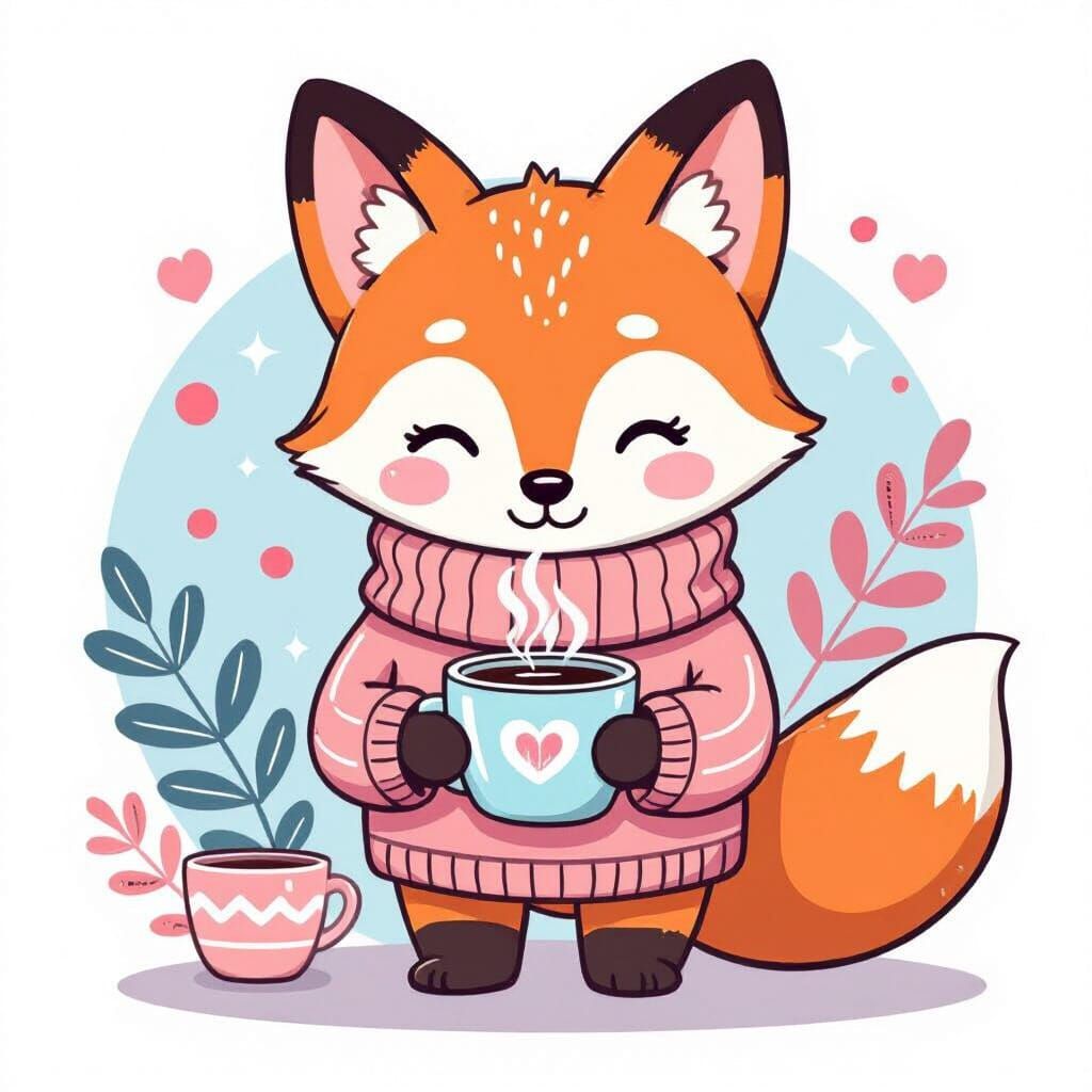 Kawaii Fox with Coffee in Pastel Colors