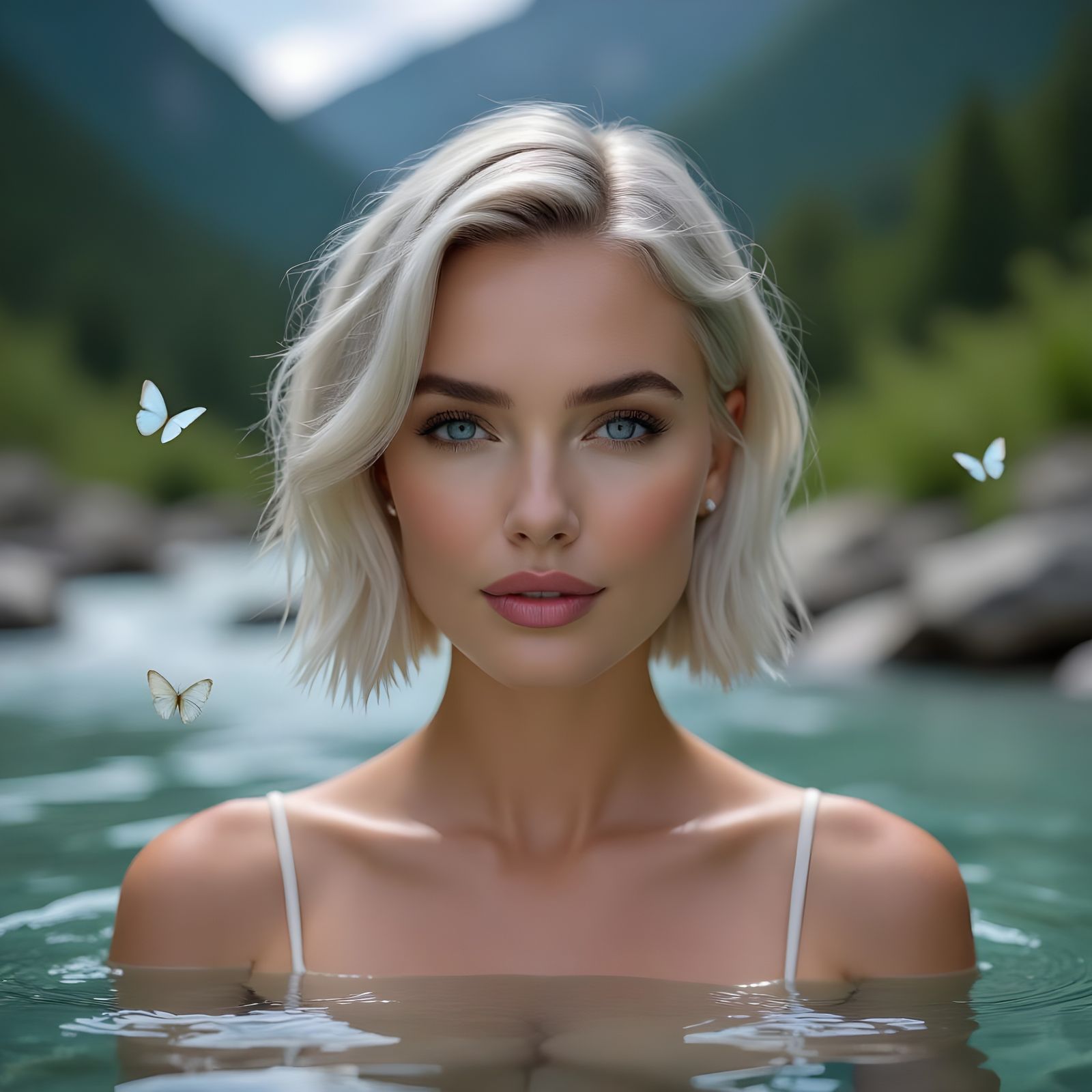 Woman with Butterflies in Mountain Brook, Studio Realism