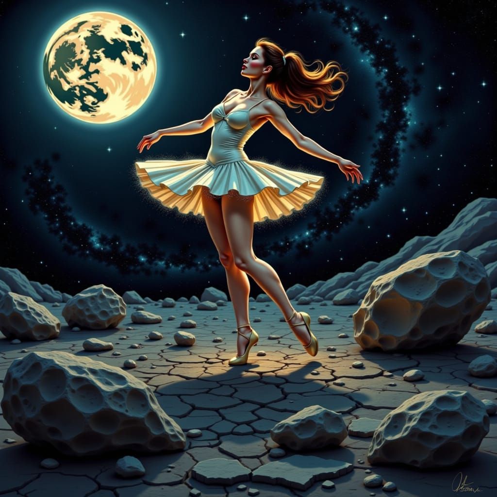 Ballerina Dances on Moonscape with Cosmic Tutu