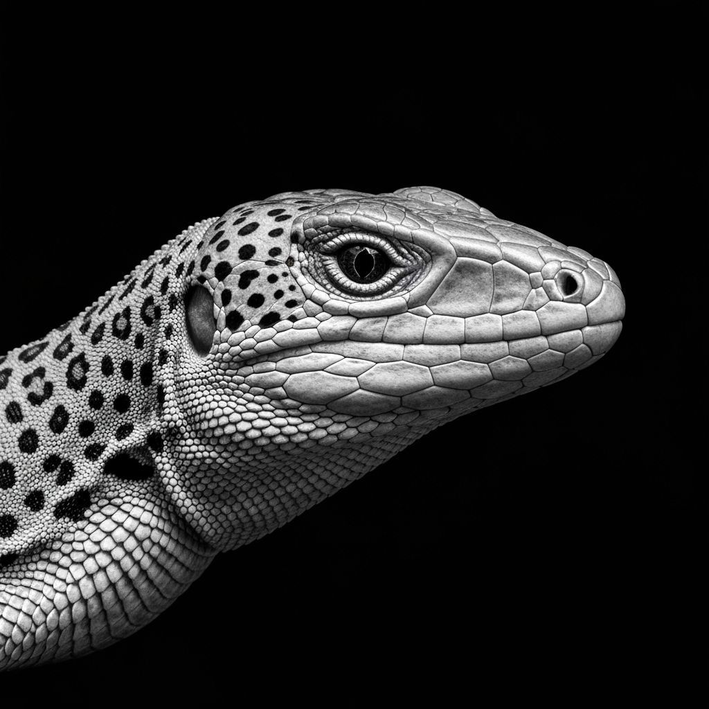Monochrome Lizard Head with Jaguar and Ape Features in Profi...