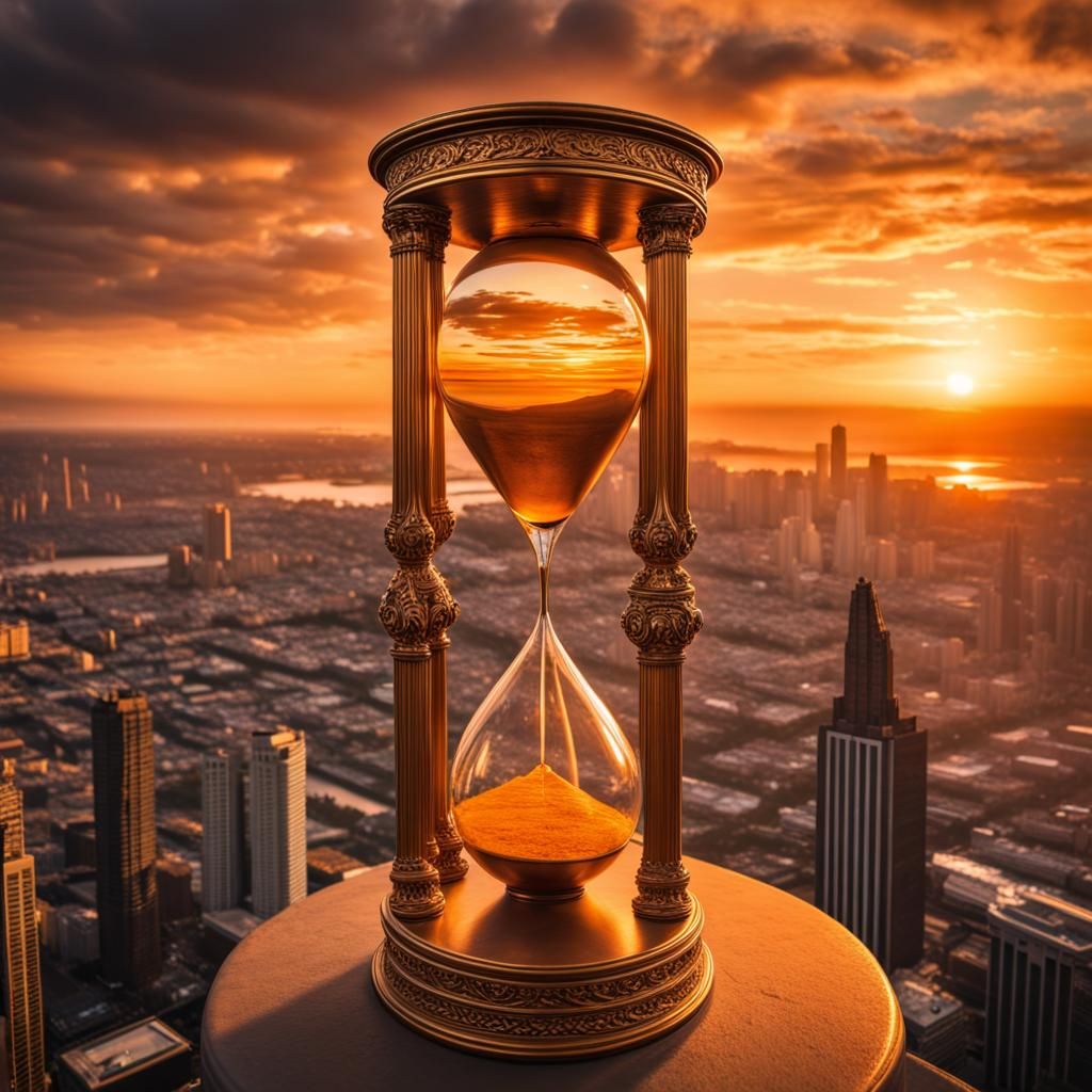 Golden Hourglass City at Sunset: Hyperrealistic Image