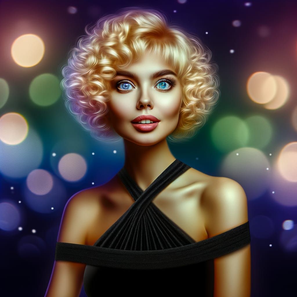 Elegant Woman in Black Dress, Curly Blonde Hair and Captivat...