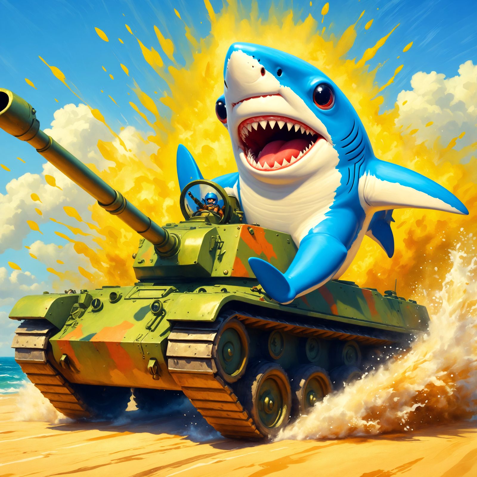 Joyful Cartoon Shark Drives Tank: Oil Painting Style