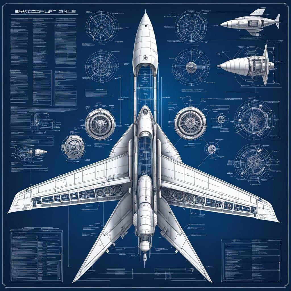 Detailed Blueprint of Elongated Geometric Spaceship