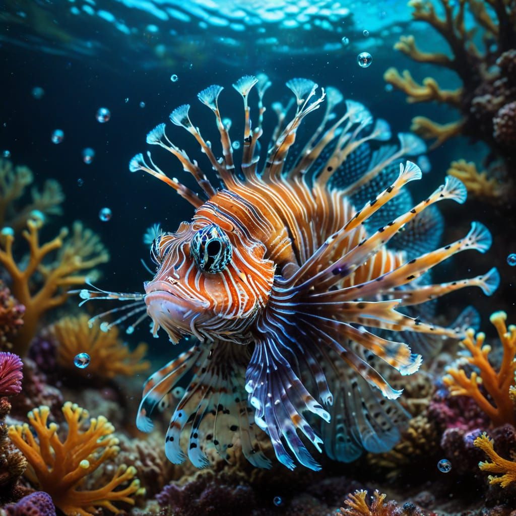 Glowing Fluorescent Lionfish in Coral Forest
