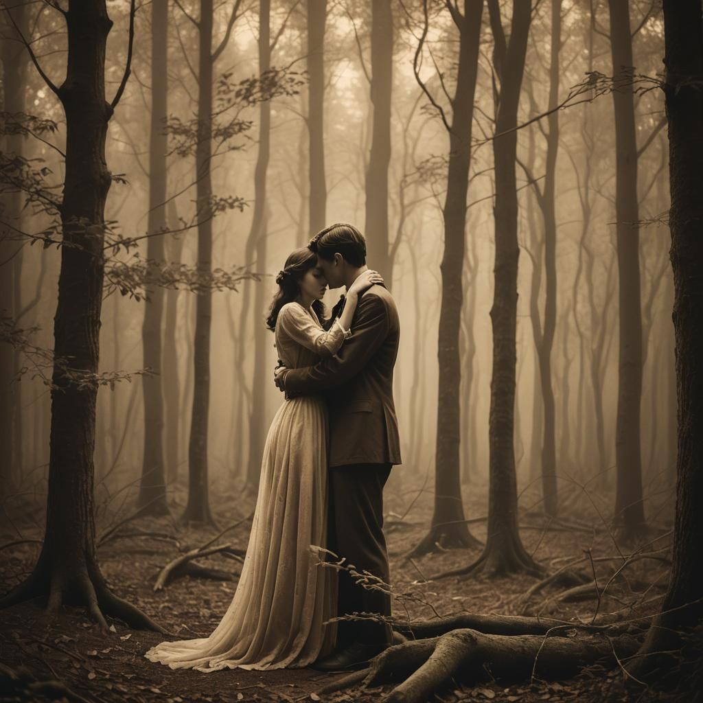 Romantic Embrace in Moonlit Forest: Surrealist Style