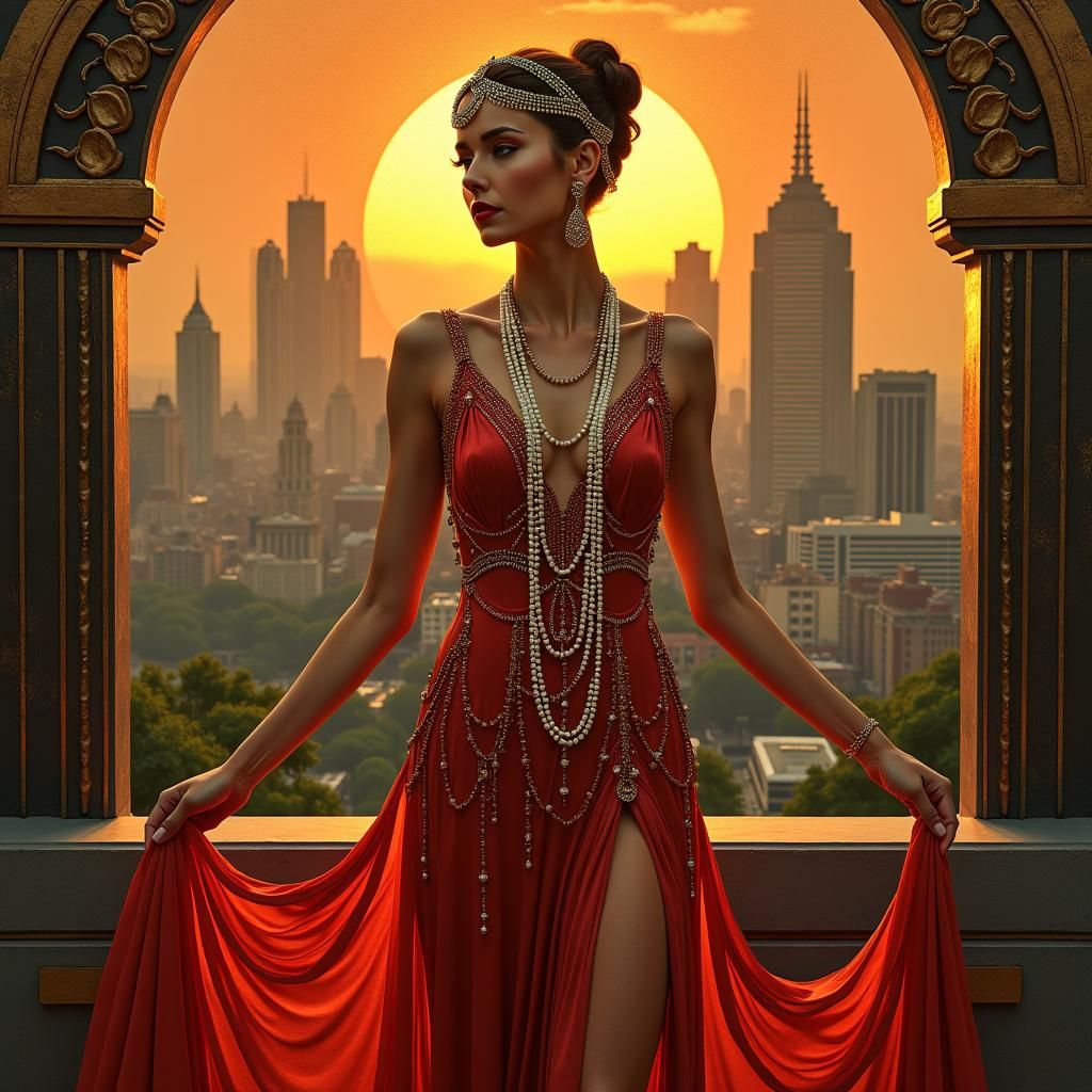 Glamorous Art Deco Woman in Cityscape at Sunset
