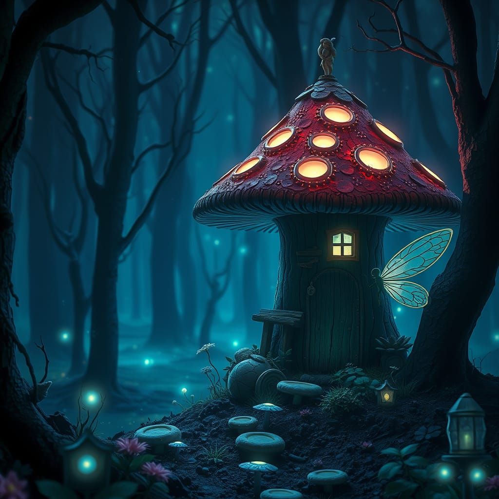Fairy Mushroom House in Bioluminescent Forest