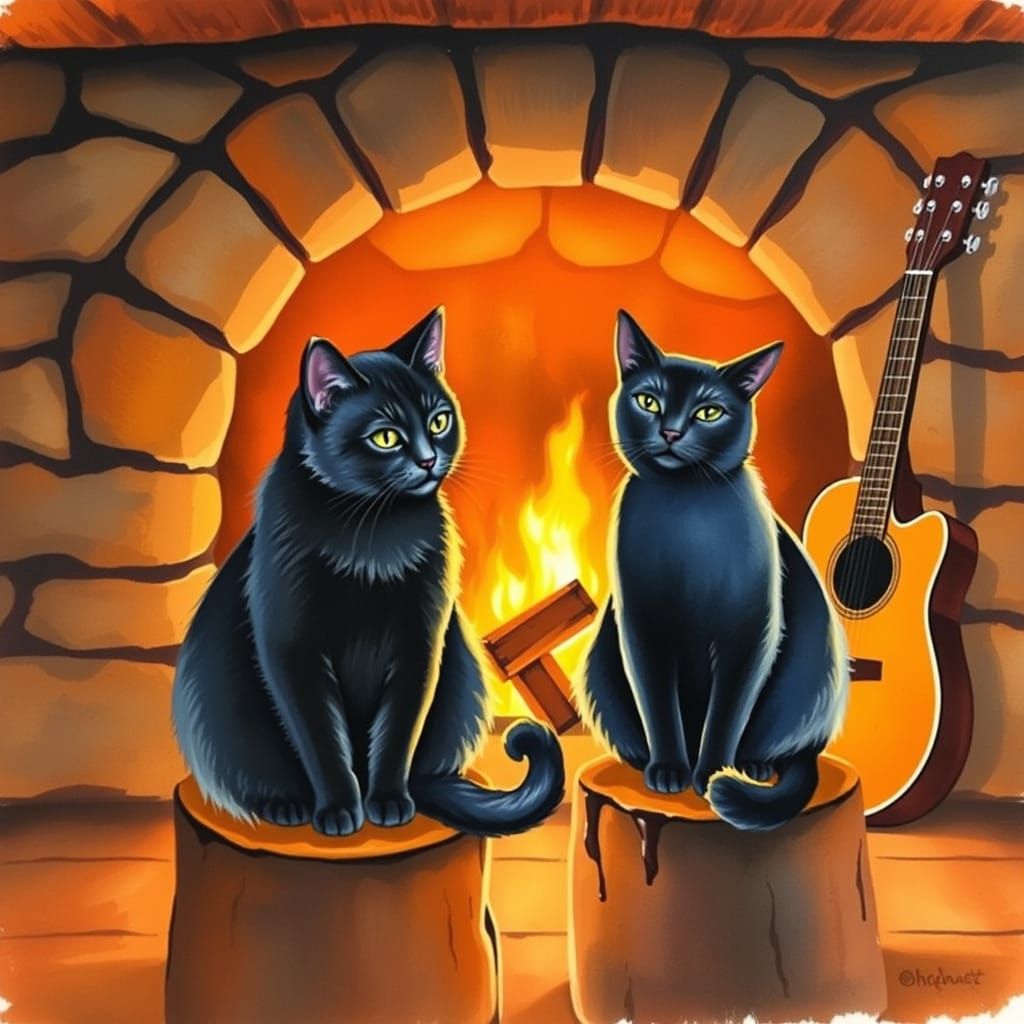 Cozy Cats by the Fireside in Rustic Cabin