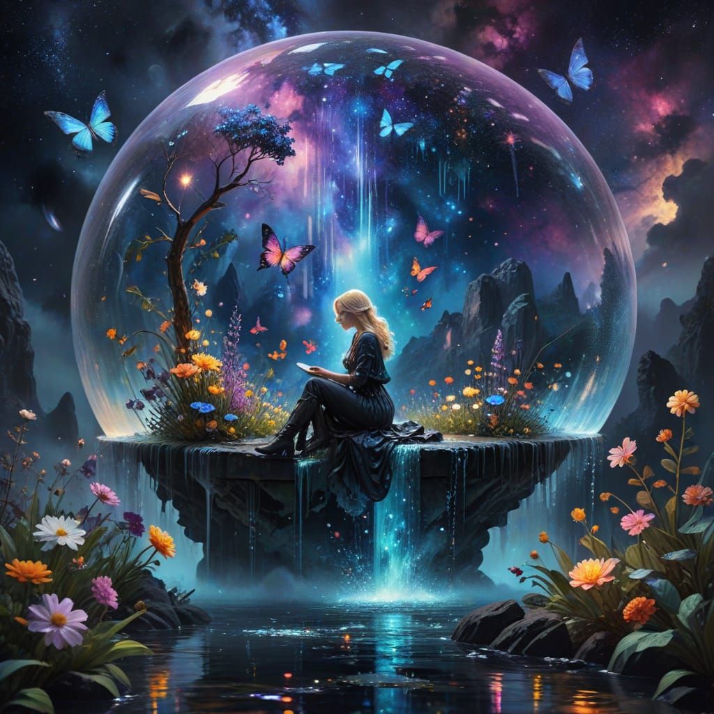 Cosmic Waterfall Bursts from Canvas in Impressionist Style