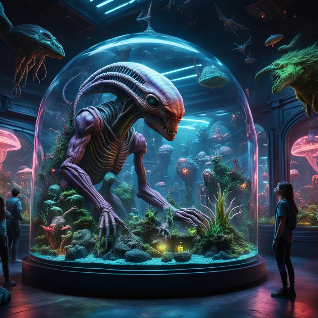 Neon Alien Terrarium Museum: Detailed Matte Painting