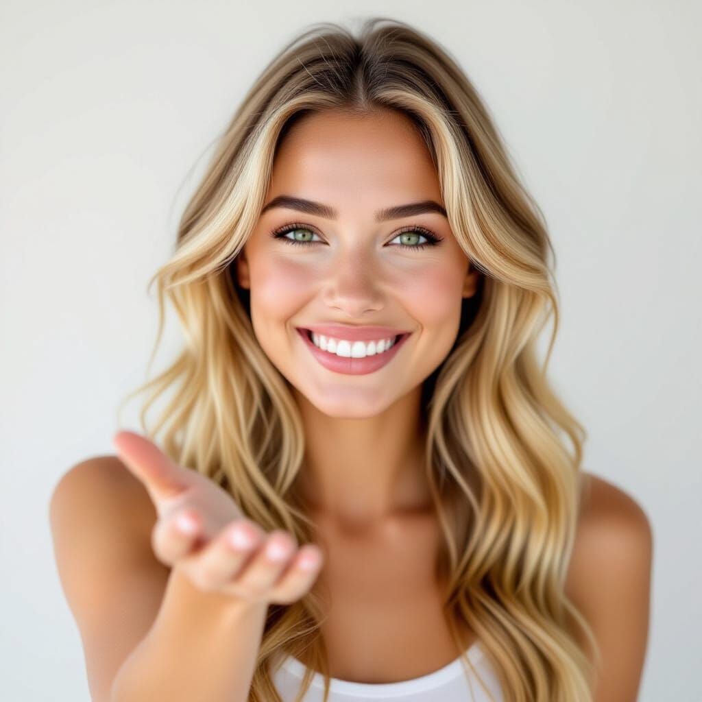 Attractive Woman with Blonde Hair and Green Eyes Smiling