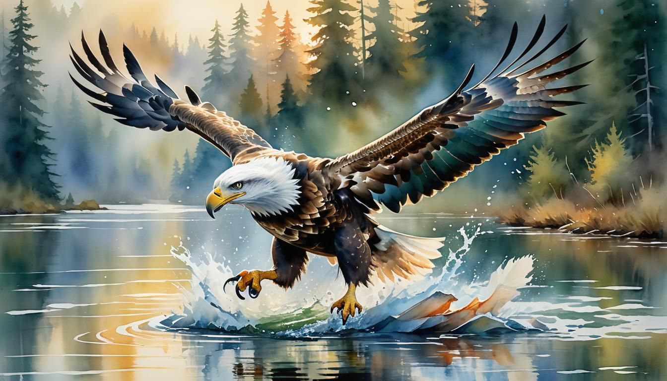 Eagle Splashing into Lake: Watercolor Impressionism