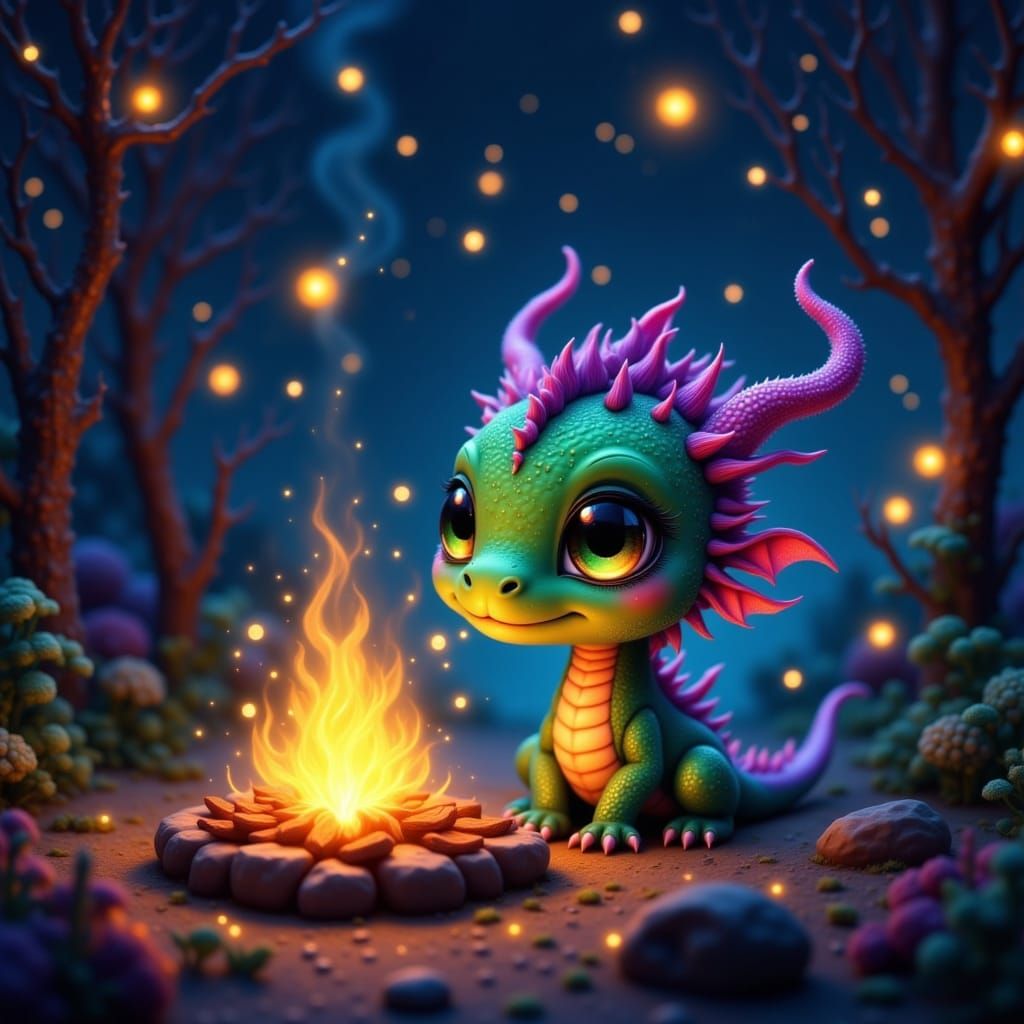 Cute Baby Dragon Beside Campfire in Anime Style
