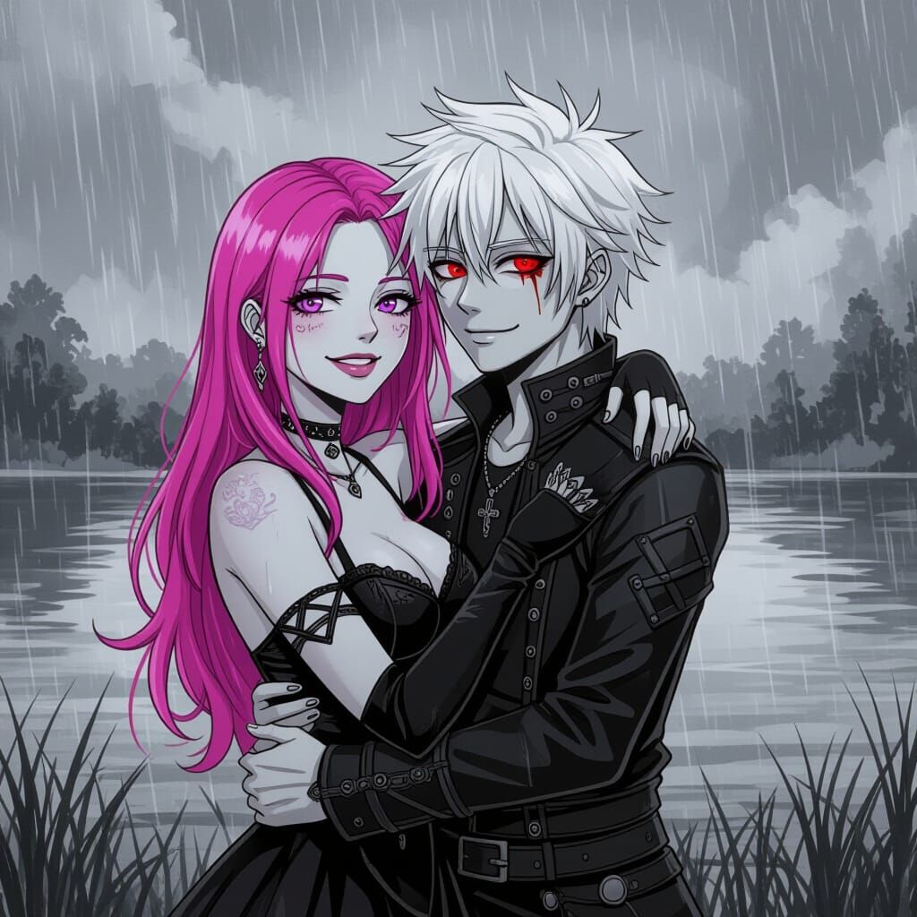 Woman Hugs Man in the Rain: Ink Art Style
