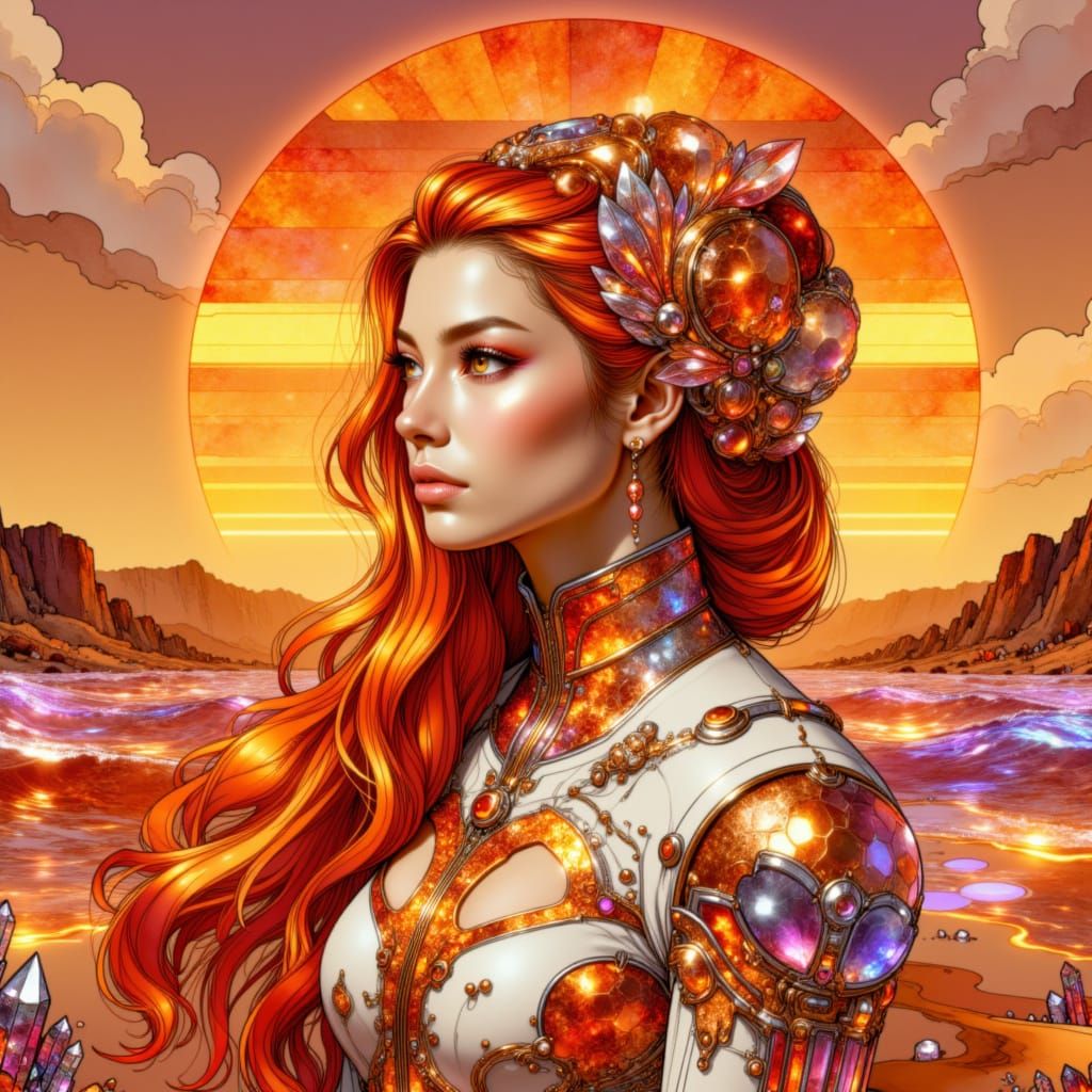 Retro-Futuristic Princess in Solar Orange Maximalist Setting