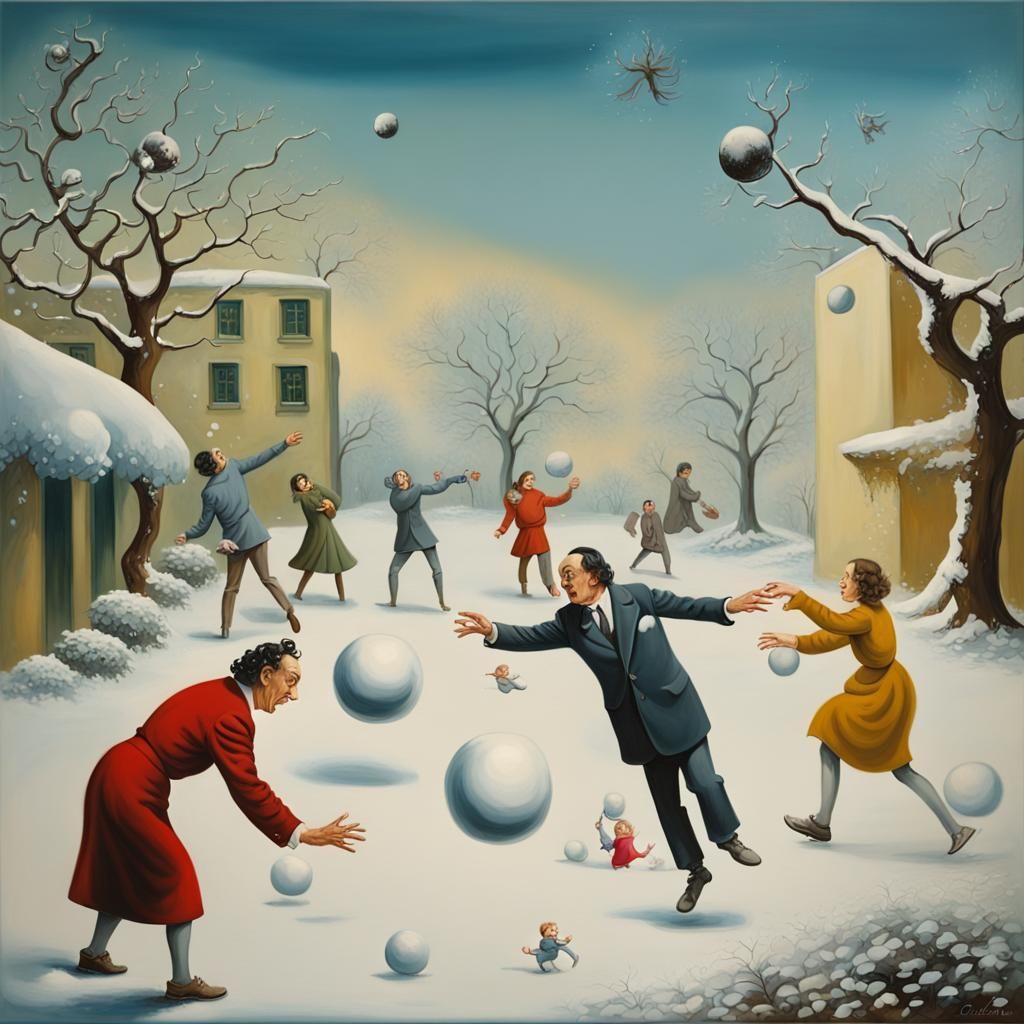 Surreal Snowball Fight in Garden as Dali Painting