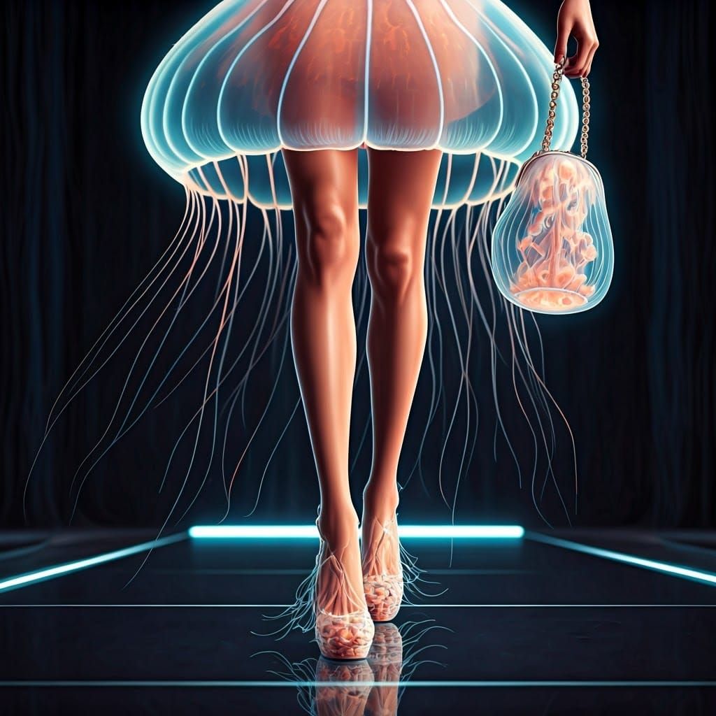 Jellyfish Fashion Model on Catwalk in Futuristic Style