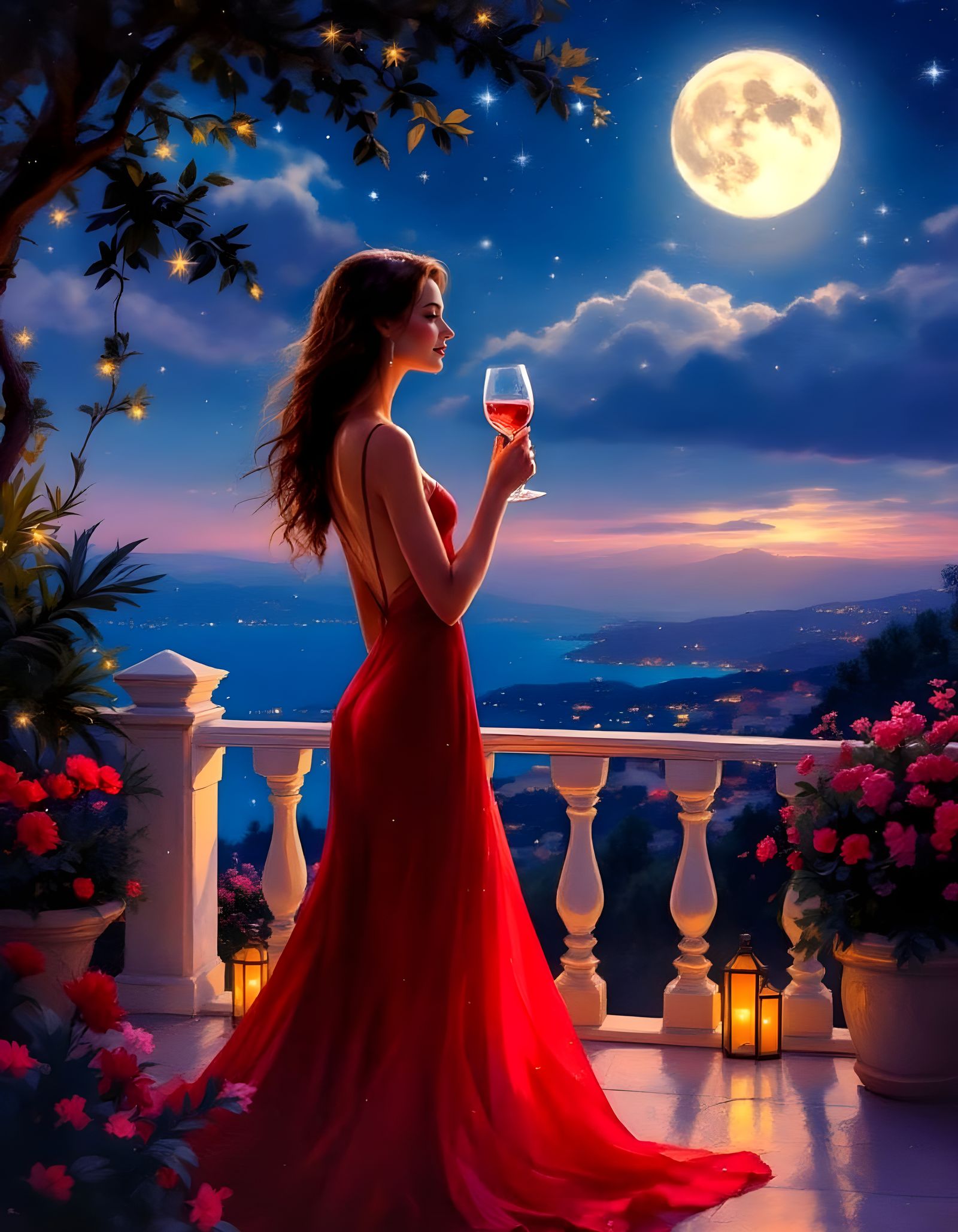 Woman in Red Dress on Moonlit Terrace
