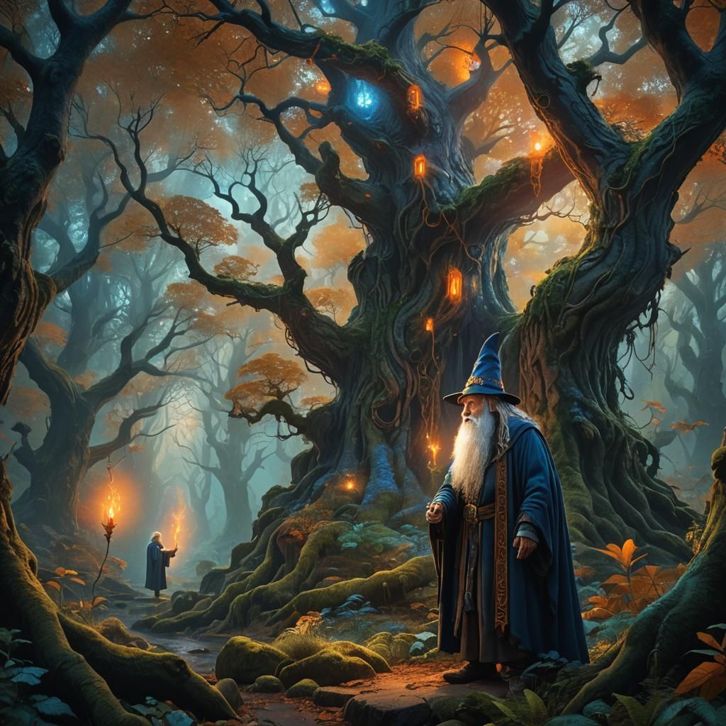 Wizard Conversation in Mystical Forest: Fantasy Concept Art