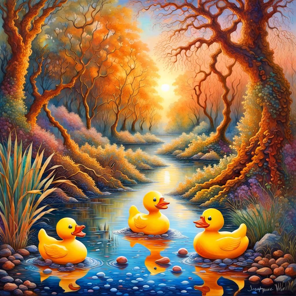 Giant Rubber Ducks in Autumn Forest Watercolor