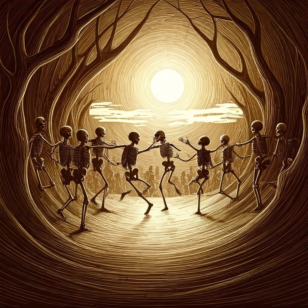 Dancing Skeletons: A German Expressionist Ink Sketch