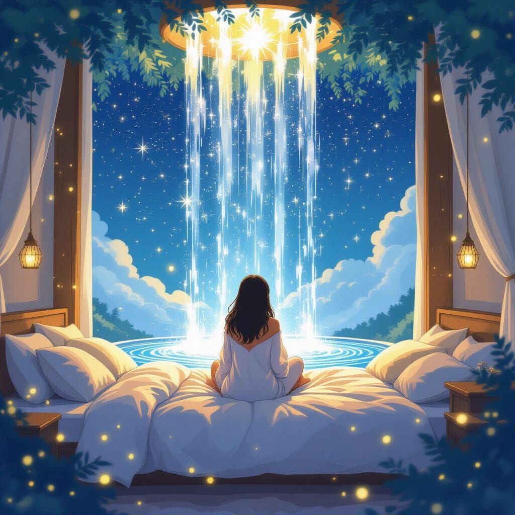 Ethereal Woman Beneath Starry Waterfall, Dreamy Scene