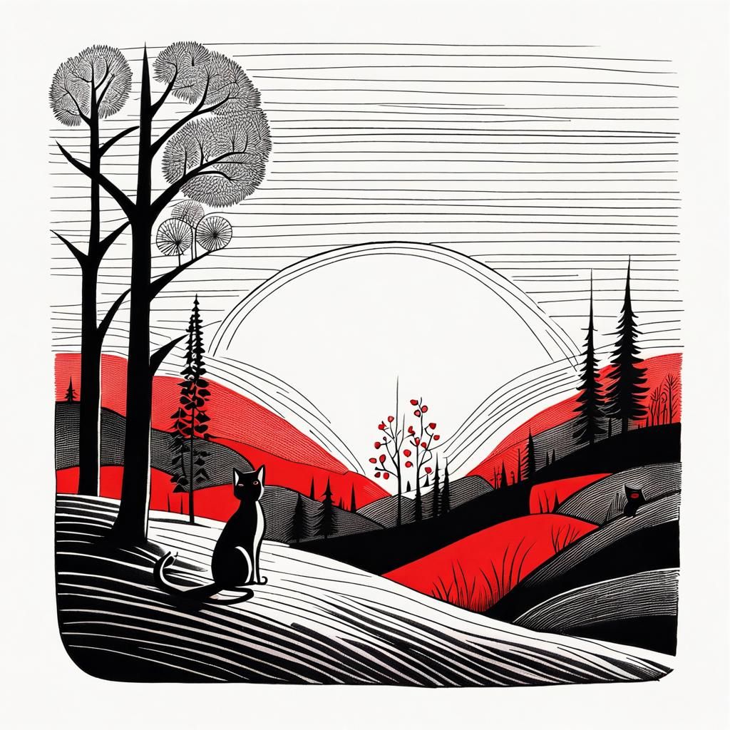 Minimalist Ink Sketch: Woman, Cat, Sun, Klee Style