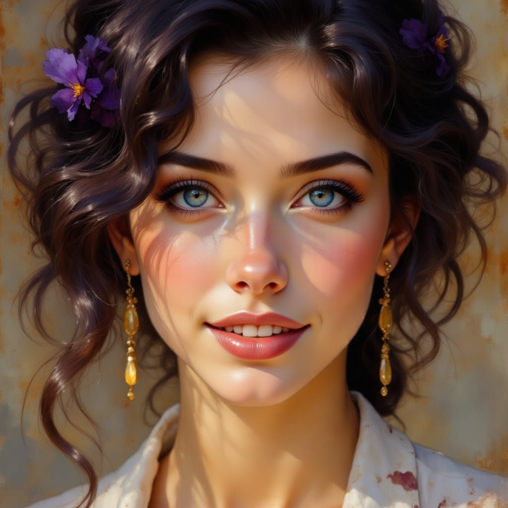 Elegant Woman With Violet Blue Eyes, Hyper Realistic Portrai...