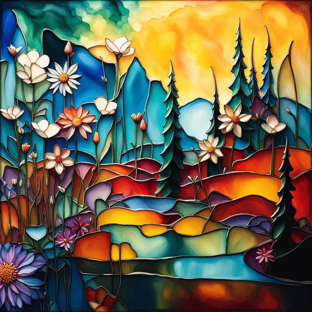 Surreal Stained Glass Fantasy Landscape with Blooming Flower...